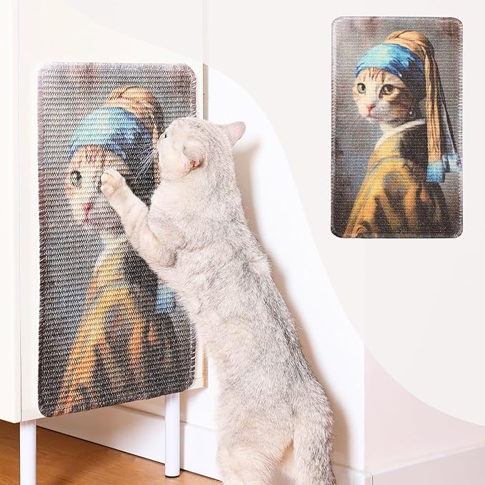 Sisal Cat Scratcher Post Mat (Use on Wall, Couch and Carpet), Shedding-Resistant Scratching Surface - 21.7x13 with Hoop and Loop Adhesives, Pads and Twist Pins (Cat with A Pearl Earring)