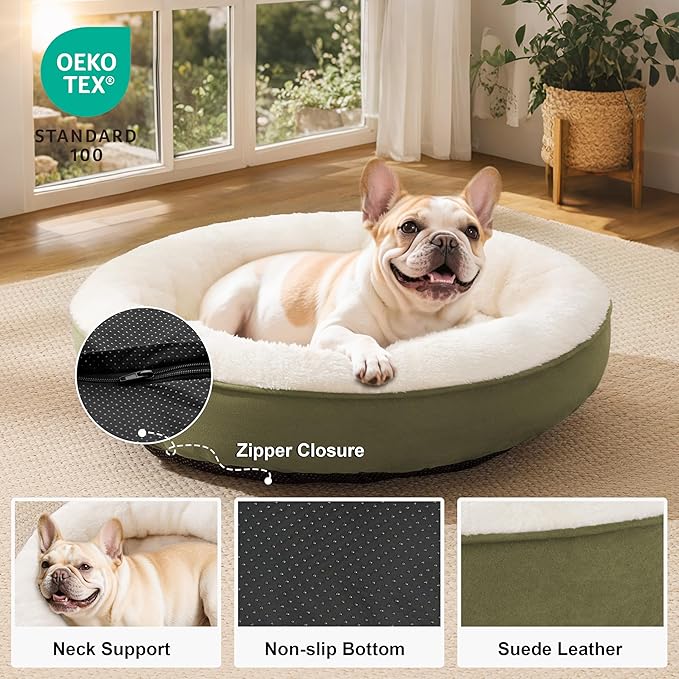 Love's cabin Round Donut Cat and Dog Cushion Bed, 30in Pet Bed for Medium or Large Dogs, Anti-Slip & Water-Resistant Bottom, Soft Durable Fabric Pet beds, Washable Calming Cat & Dog Bed Olive Green