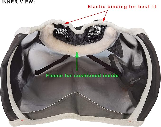 T TEKE Fine Mesh Horse Fly Mask w/Ears, UV Blocking 3D Eye Visor with Extra Fleece Cushioned Forehead, Protection from Insect Pests