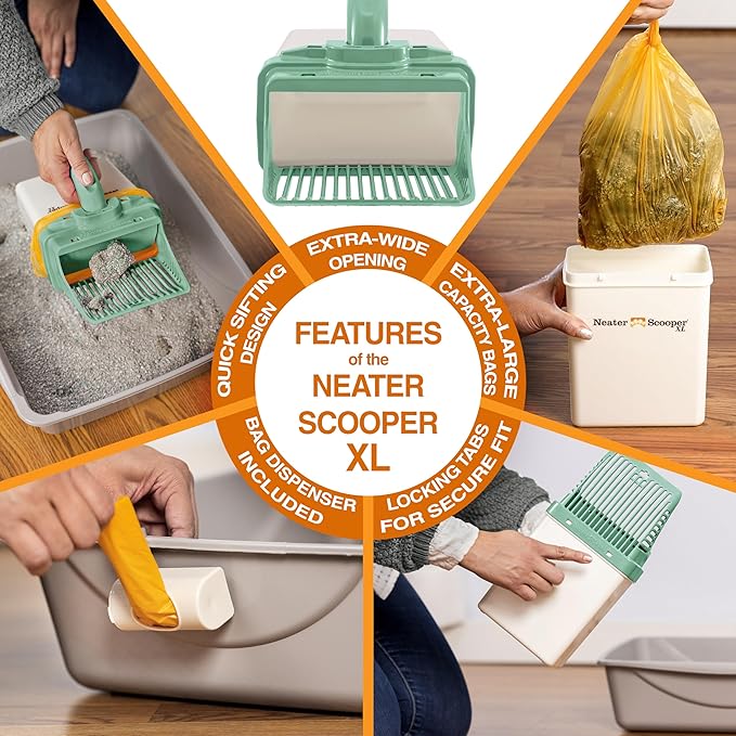 Neater Pet Brands Neater Scooper XL Cat Litter Scoop, 60 Refill Bags – Extra-Large Capacity Mess-Free Cat Litter Scooper with Bag for Large & Multiple Cats, Spill-Proof Litter Box Scooper with Holder