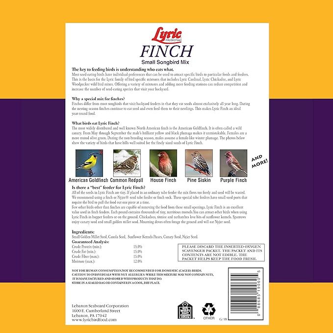 Lyric Finch - Small Songbird Wild Bird Seed - Attracts Goldfinches, House Finches, Purple Finches & More - 5 lb. Bag
