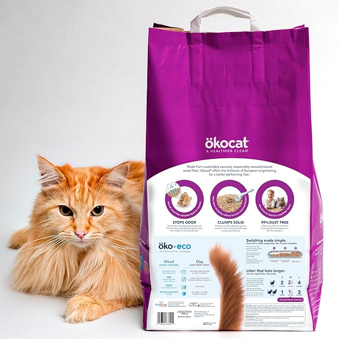 ökocat Less Mess Low Tracking Wood Clumping Cat Litter Mini- Pellets, Unscented, 14 pounds - Natural Ingredients, Stops Odor, Clumps Solid, 99% Dust Free, Great for Long-Hair Breeds