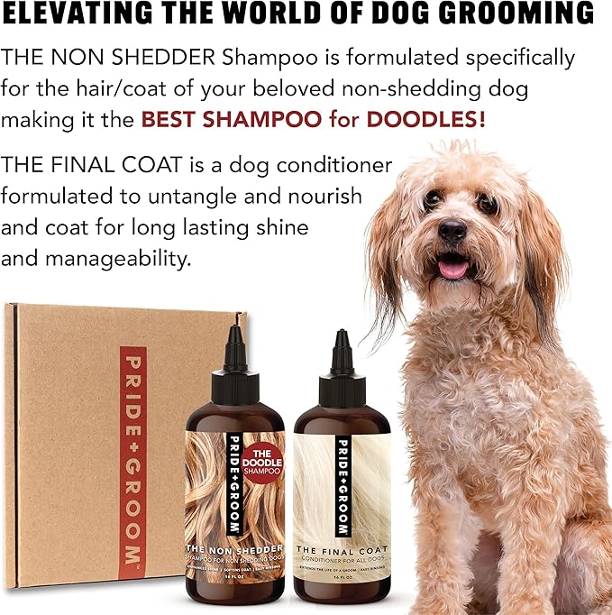 Pride and Groom The Non Shedder Box Set – Dog Shampoo & Conditioner with All Natural Blend of Essential Oils & Ingredients to Heal and Nourish for Long Lasting Shine & Manageability – 32oz