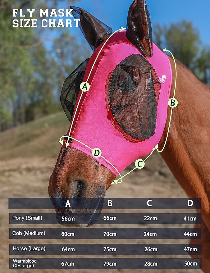 Horse Fly Mask with Ears, UV Protection Mask for Horses, Elasticity Mask with Big Mesh Eye Covers, Snug Fitting Comfortable Breathable Lightweight Hot Pink Cob