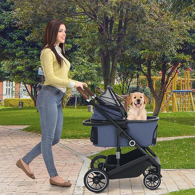 Pet Stroller with 4 Wheels, 3 in 1 Folding Puppy Strollers for Small/Medium Dogs Cats up to 50lbs, Lightweight Pet Travel Carrier with Detachable Cushion, Storage Basket and Cup Holder, Blue