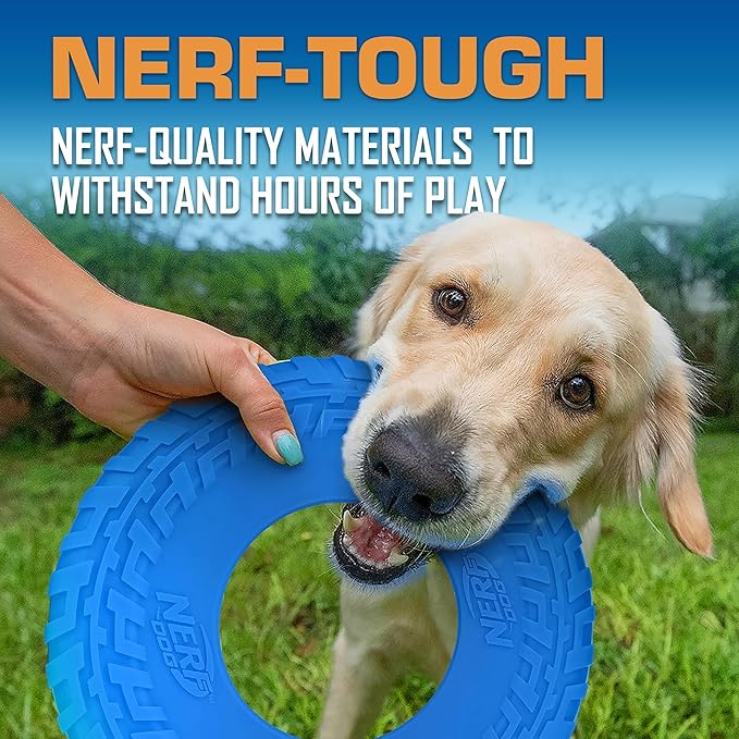 Nerf Dog Tire Flyer Outdoor Dog Toy, 10 Inch Flying Disc Dog Fetch Toy, Rubber Dog Toy for Medium Dogs and Large Dogs, Blue