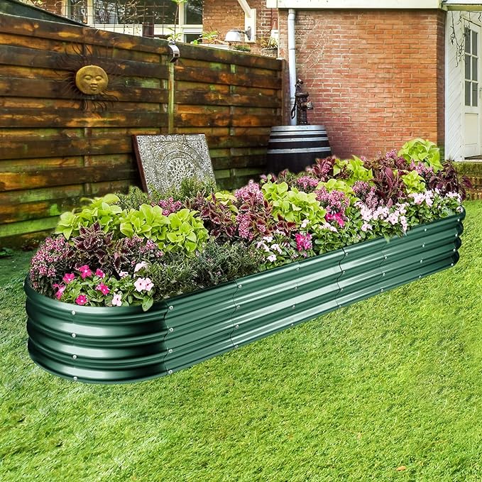 Land Guard 8×2×1ft Galvanized Raised Garden Bed Kit, 108 Gallon Capacity Raised Garden Boxes Outdoor, Oval Metal Raised Garden Beds for Vegetables, Forest Green (with 10 Connecting rods)