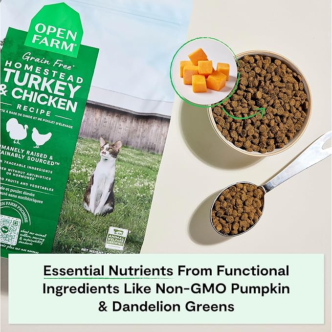 Open Farm, Grain Free Dry Cat Food, High-Protein Kibble for a Complete & Balanced Diet, Non-GMO Fruits & Vegetables, Prebiotic Fibers to Support Digestion, Homestead Turkey & Chicken Recipe, 4lb Bag