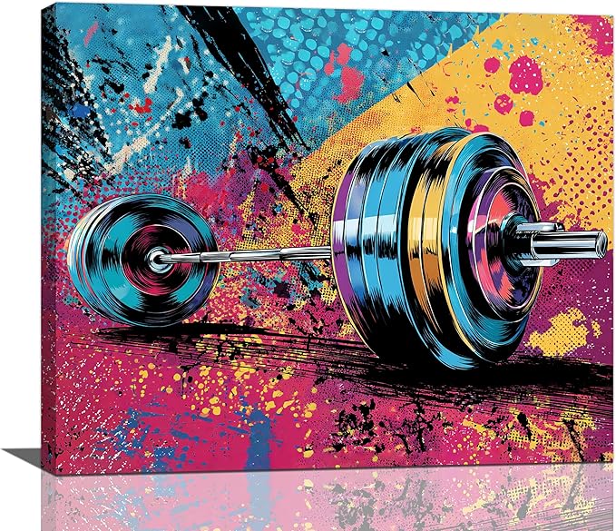 Gym Wall Art Weightlifting Fitness Canvas Wall Decor Barbell Sports Training Pictures Painting Banksy Street Graffiti Print Artwork Framed Decorations Gifts for Sports Lovers Gym Living Room Bedroom 20"x24"