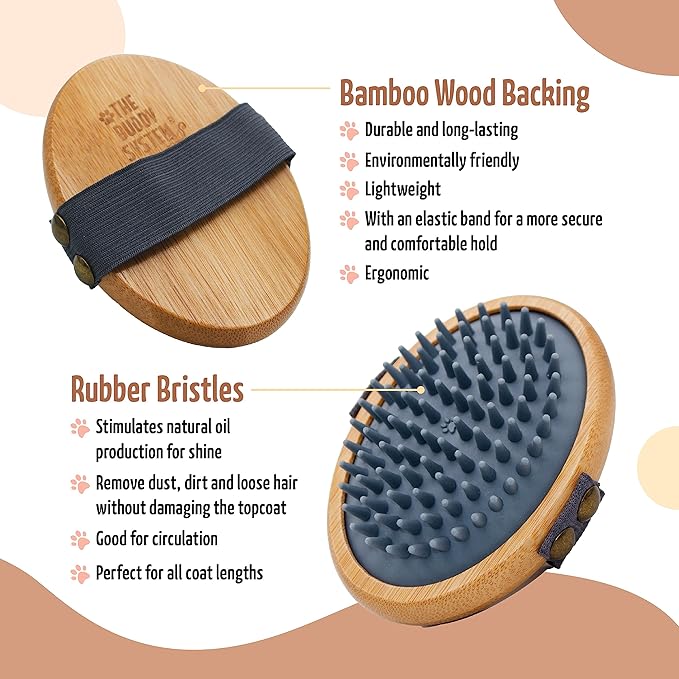 The Buddy System Rubber Pet Close Brush, Soft Touch Oval Palm Brush - Bamboo Massage Handheld with Rubber Bristles and Elastic Band for Dogs and Cats - Gray