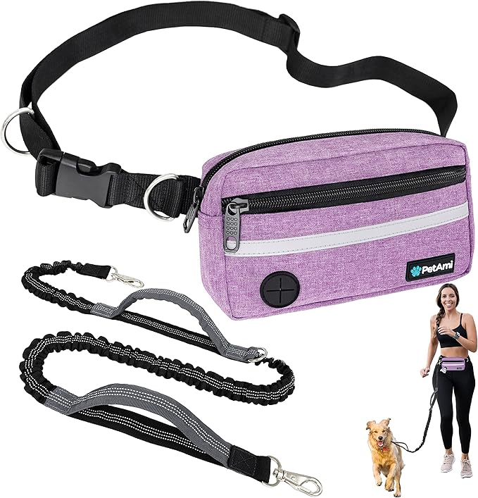 PetAmi Hands Free Dog Leash, Dog Running Leash Belt for Walking Jogging, Dog Waist Zipper Pouch Fanny Pack with Poop Bag Dispenser, Dual Padded Handle Bungee Leash for Small Medium Large Dogs, Single