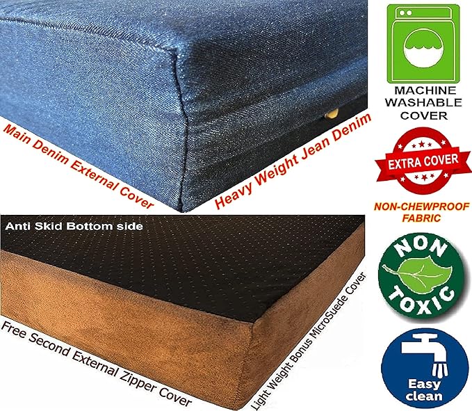 Dogbed4less Jumbo Orthopedic Memory Foam Dog Bed for Large Dogs with Durable Denim Cover, Waterproof Liner and Extra Pet Bed Case, 55X47X4 Inches
