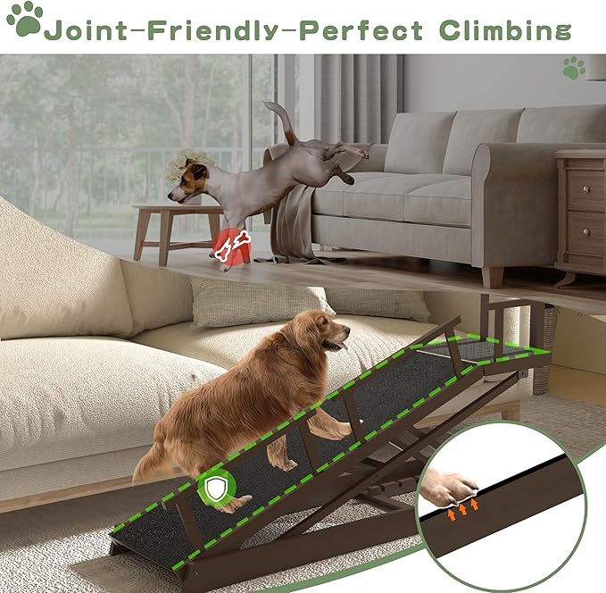 6 Level Height Adjustable Dog Ramp for Bed, Couch 65" Foldable Pet Ramp with Non-Slip Mat，DIY Glow Strips & Rest Platform Heavy Duty Dog Stairs for Large Dogs up to 200Lbs ，Brown