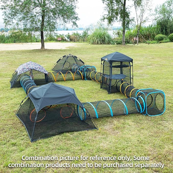 Pet Play Tunnel + Cube(with Three Ways) for Indoor and Outdoor, Kitty Play House, Cat Enclosures, Collapsible Cat Tent, Cage, Kitten Toys Easy to Connect with Kitty Tent（2 Cubes + Run Tunnel）