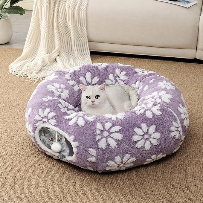 Cat Tunnel for Indoor Cats, Cute Peekaboo Cat Cave with Dangling Balls, Pet Donut Tunnel Bed with Circle Mat for Puppy Kitten Rabbit, Purple