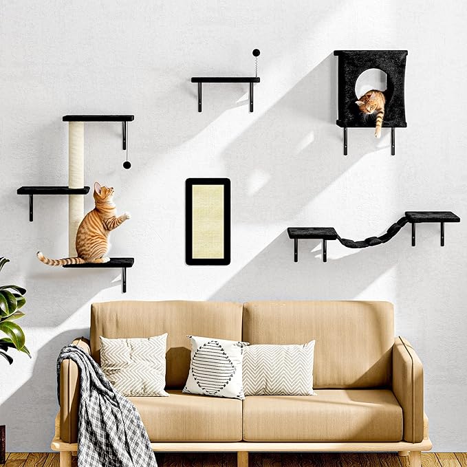 NUNU LAB Wall Mounted Cat Furniture, 5 Pcs Cat Wall Shelves with House, Bridge, Steps, Scratching Post, Shelves, Indoor Safe & Stable Furniture for Kittens Play, Black