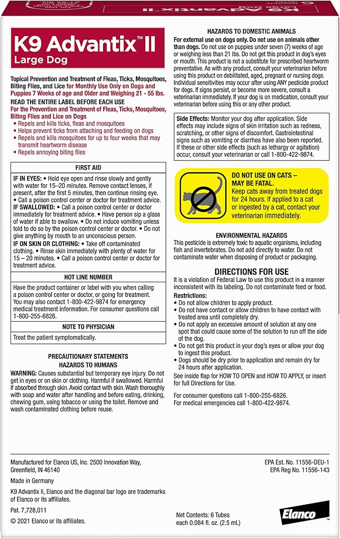 K9 Advantix II Large Dog Vet-Recommended Flea, Tick & Mosquito Treatment & Prevention | Dogs 21-55 lbs. | 6-Mo Supply (Pack of 2)