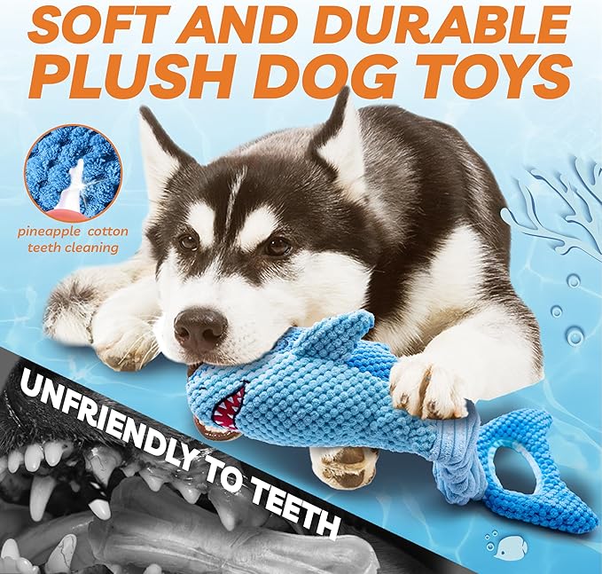 Dog Toys for Large Dogs, Squeaky Dog Toys for Aggressive Chewers, Plush Dog Chew Toys for Teething, Interactive Shark Dog Toys to Keep Them Busy Tug Of War Puppy Toys for Small,Medium,Large Breeds