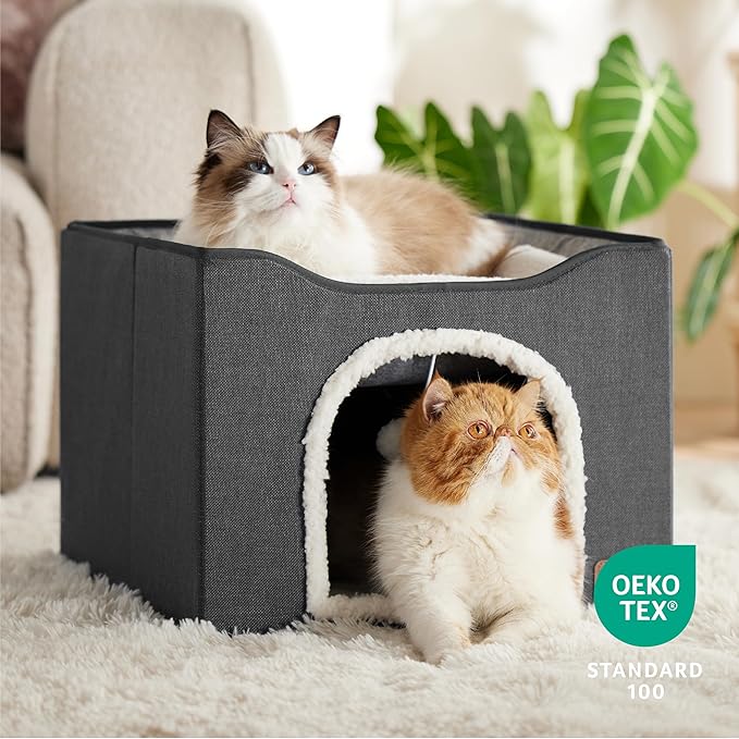 Bedsure Cat Beds for Indoor Cats - Large Cat Cave for Pet Cat House with Fluffy Ball Hanging and Scratch Pad, Foldable Cat Hideaway, 16.5x16.5x13 inches, Dark Grey