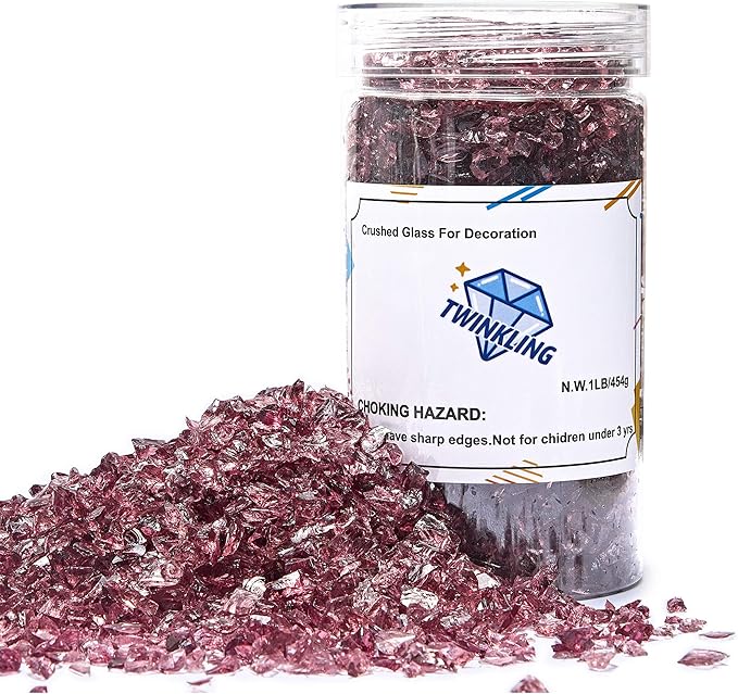 TWINKLING High Luster Fire Glass Gravel Stone Glitter,Broken Glass,Fire Gems Chips,Crushed Glass for Fire Pit Crafts Resin Art Aquarium Garden Decoration,3-6mm,1-Pound Jar (Grape)