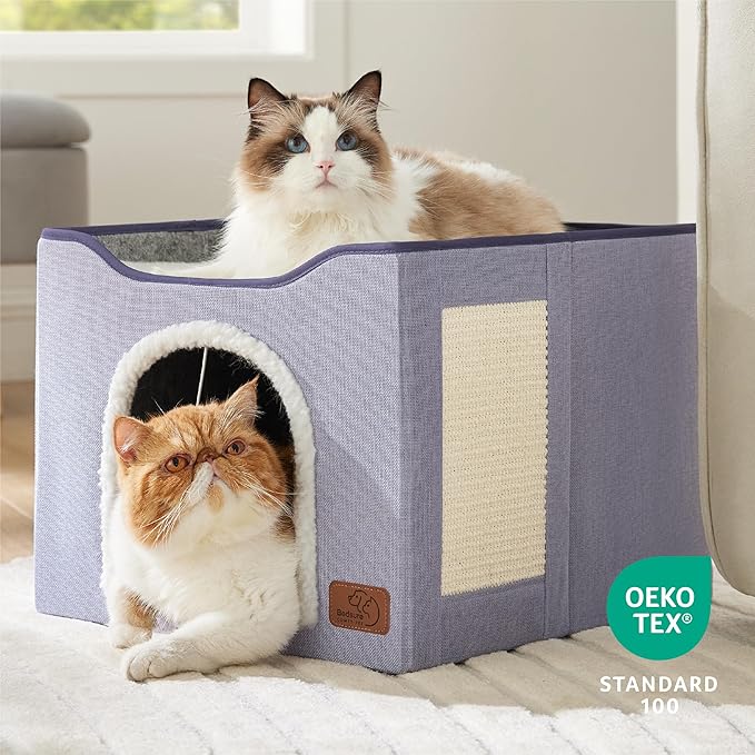 Bedsure Cat Beds for Indoor Cats - Large Cat Cave for Pet Cat House with Fluffy Ball Hanging and Scratch Pad, Foldable Cat Hideaway, 16.5x16.5x13 inches, Cloud Purple