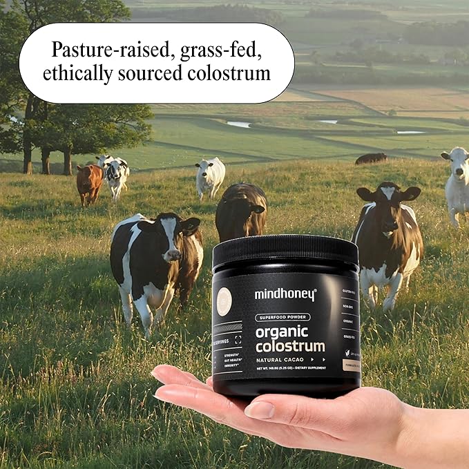 MINDHONEY Organic Colostrum | Premium Cacao Flavored Superfood Powder | Gut Health & Immunity, Skin & Hair, Anti-Aging, Performance & Recovery | Grass-Fed, Pasture-Raised | 30 Servings