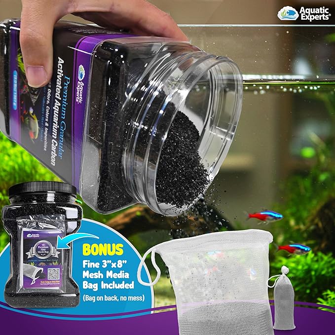 Premium Activated Carbon, Aquarium Carbon for Fish Tank Filter, Aquarium Filter Media, Granulated Charcoal for Fish Tanks, Activated Charcoal Bulk (3 lbs with 4 Fine Mesh Bags)