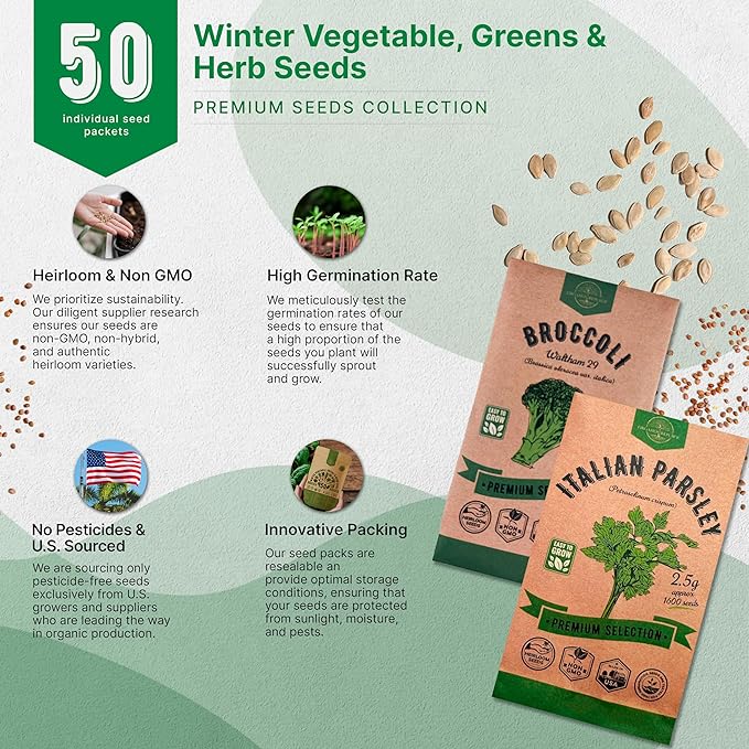 50 Winter Vegetable Garden Seeds Variety Pack - 43,450+ Non-GMO Heirloom Seeds for Outdoors & Indoor Home Gardening, Including Kohlrabi, Lettuce, Radish, Onion, Choy, Spinach, Cauliflower, Collards