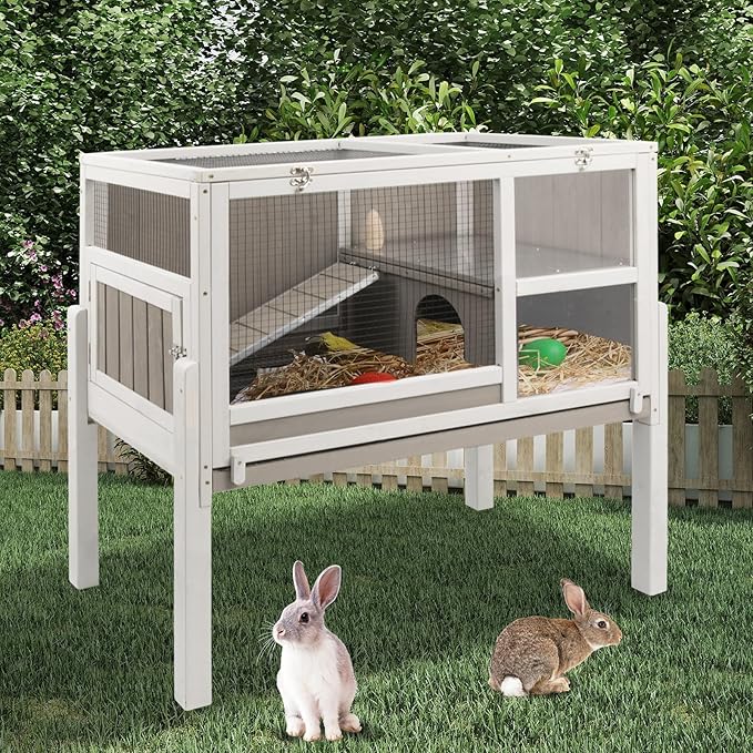 38" L Rabbit Hutch Bunny Cage,Fir Wood Rabbit Cage Indoor Outdoor with Pull Out Tray,Bunny Hutch with Ramp and Hideout,Guinea Pig Cages Rabbit Hutch Indoor with Detachable 4 Legs