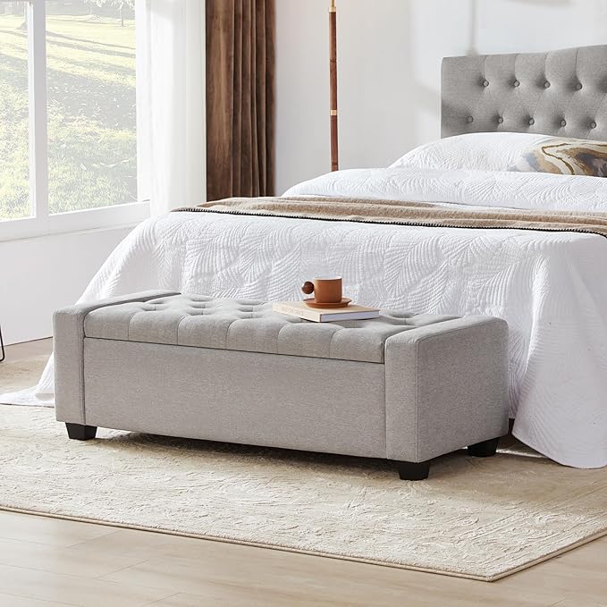 48" Ottoman with Storage, Storage Ottoman Bench with Safety Hinge, Upholstered Entryway Bench with Seating for Bedroom, Living Room, Holds up to 330 lb(Light Gray)