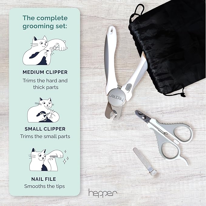 Hepper Cat Nail Clipper Kit - Small & Large Sharp Claw Clippers with Nail File & Storage Pouch - Safety Guard & Lock - Professional Cat Manicure