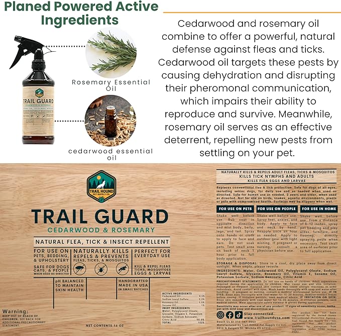 Trail Guard Natural Extra Strength Insect, Flea and Tick Spray for Dogs, Cats, People & Home (16oz, Cedarwood & Rosemary)