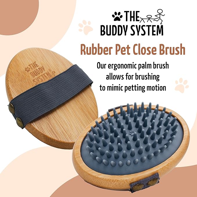 The Buddy System Rubber Pet Close Brush, Soft Touch Oval Palm Brush - Bamboo Massage Handheld with Rubber Bristles and Elastic Band for Dogs and Cats - Gray