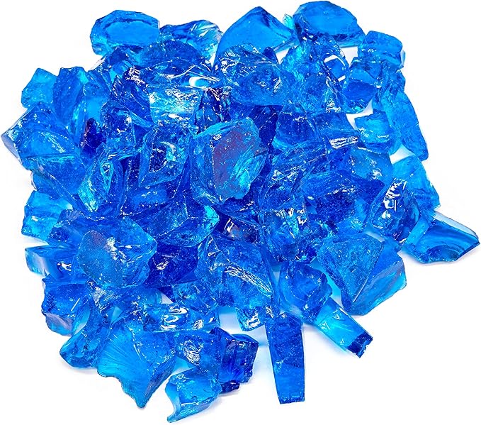 TWINKLING High Luster Fire Glass Gravel Stone,Broken Glass,Fire Pit Glass,Crushed Glass for Fireplace Pit Aquarium Garden Decoration,1-3cm,2-Pound Jar (Ocean Blue)