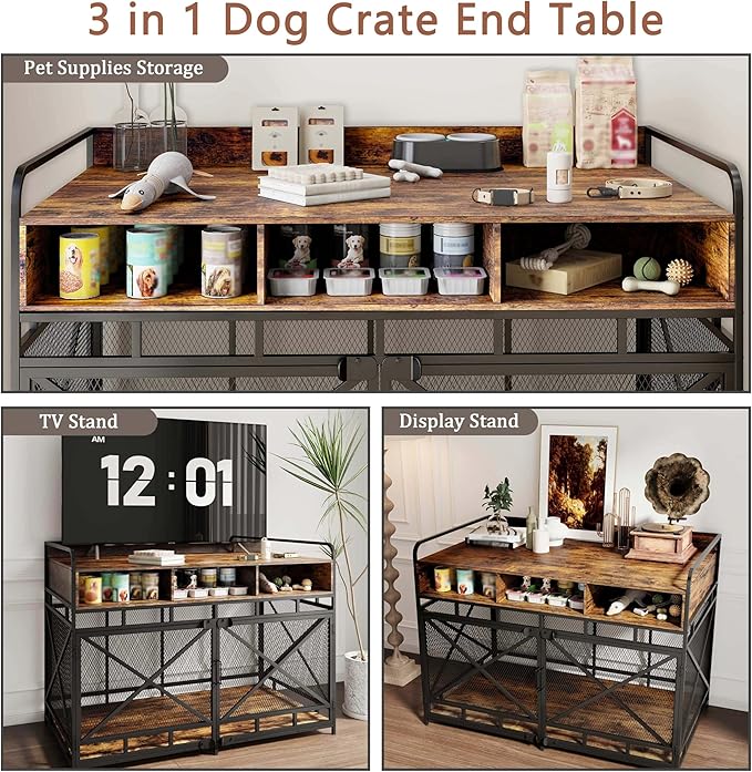 Dog Crate Furniture, 48" Heavy Duty Wooden Dog Crate End Table, XL Dog Kennel Furniture Large Breed, Decorative Dog Kenne Indoor with 3 Drawers & Steel Tubes 48" L x28 W x36 H (Rustic Brown)