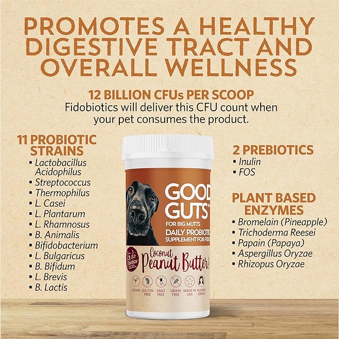 Fidobiotics Good Guts for Big Mutts Probiotic for Dogs, 12 Billion CFUs, 11 Strains, 5 Digestive Enzymes, 2 Prebiotics, Digestive Gut Health for Dogs, Adult & Puppy Probiotics Supplements (20 Days)