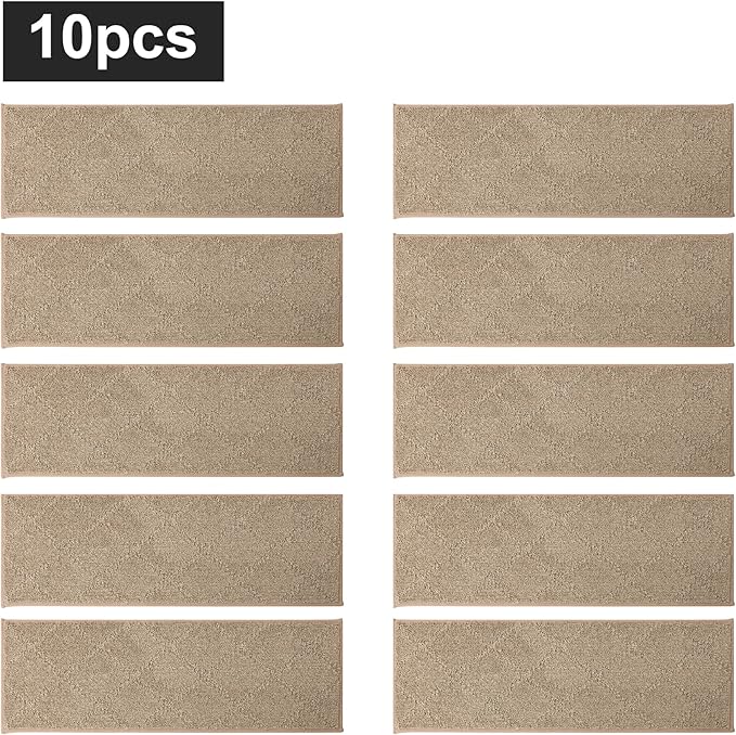 COSY HOMEER Edging Stair Treads Non-Slip Carpet Mat 28inX9in Indoor Stair Runners for Wooden Steps, Edging Stair Rugs for Kids and Dogs, 100% Polyester TPE Backing (10pc, Beige)