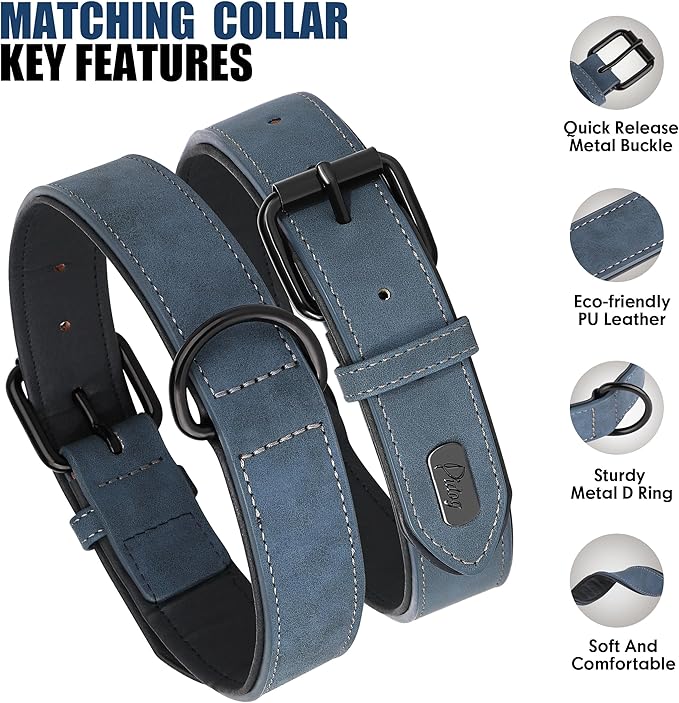 Didog Soft Padded Leather Dog Collar and Leash Set, Adjustable Dog Leash and Collar Set with Metal Buckle, Breathable Dog Collars with 4FT PU Leather Dog Leash for Medium Large Dogs, Blue, L