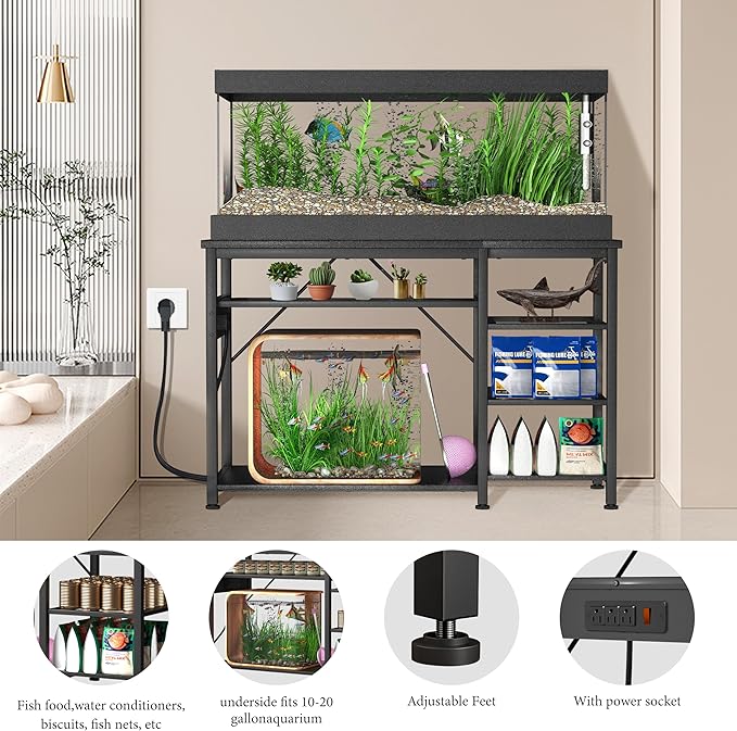 55-75 Gallon Fish Tank Stand: Heavy Duty Aquarium Stand with Power Outlets and Cabinet for Fish Tank Accessories Storage - Metal Frame, 1200LBS Capacity, Suitable for Fish & Reptile Terrariums