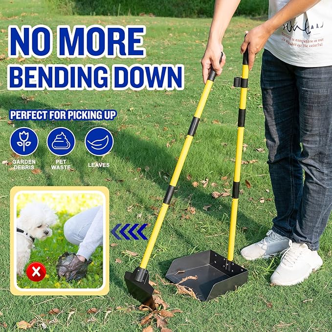 Pooper Scooper for Large Dogs, Adjustable Long Handle Metal Tray and Spade Poop Scooper for Dogs with Bin for Pet Waste Removal, No Bending Clean Up Pooper Scooper for Medium and Large Dogs