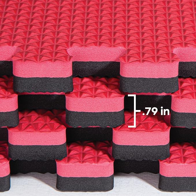 Norsk Reversible Gym Exercise Mats 3/4" Thick EVA Interlocking Foam Tiles, Perfect Gym Flooring for Home Gym, 4 Tiles & 8 Trim Pieces, 16 Sq. Ft. 24"x24", Red/Black
