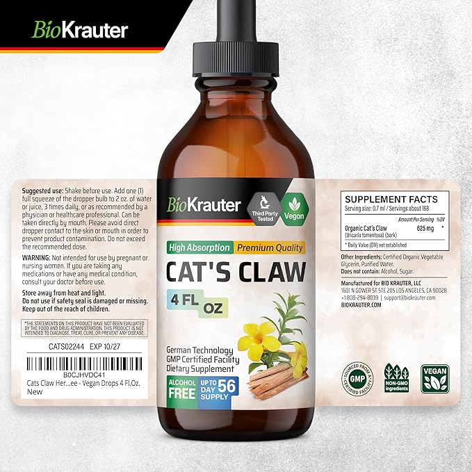 BIO KRAUTER Cats Claw Tincture - Liquid Cats Claw Herb for Immune Support - Alcohol & Sugar Free - Vegan Drops 4 Fl.Oz.