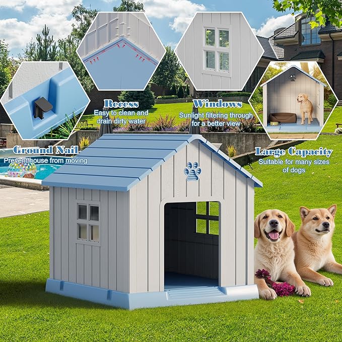 Large Dog House Outdoor Indoor for Medium Large Dogs, Durable Plastic Waterproof Doghouse with Air Vents and Elevated Floor, Easy Clean and Assemble (Blue, 37.2" L x 40" W x 40" H)