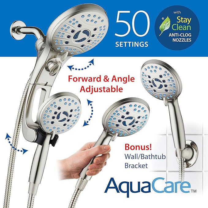 Hotel Spa AquaCare for California As-Seen-On-TV High Pressure Handheld Rain 50-mode 3-way Shower Head Combo with Adjustable Arm, Anti-clog Jets, Tub & Pet Power Wash, 6 ft. Hose, Nickel Finish