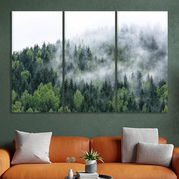 Nature Wall Art Prints - Ocean Forest Mountain Lake Canvas Landscapes - Small to Extra Large Living Room Bedroom Kitchen Bathroom Décor (Pine Trees in Fog, 35L" x 53W" - 3 Panels)