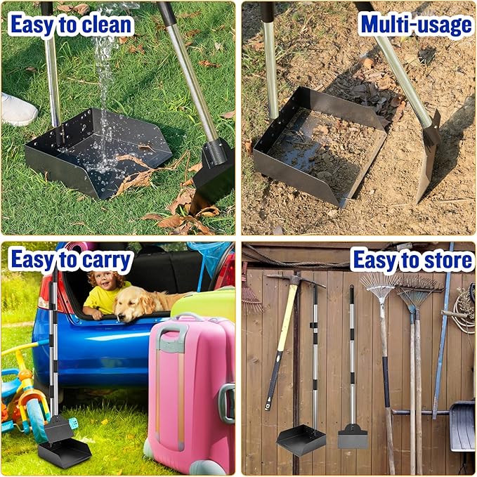 Pooper Scooper for Large Dogs, Adjustable Long Handle Metal Tray and Spade Poop Scooper for Dogs with Bin for Pet Waste Removal, No Bending Clean Up Pooper Scooper for Medium and Large Dogs