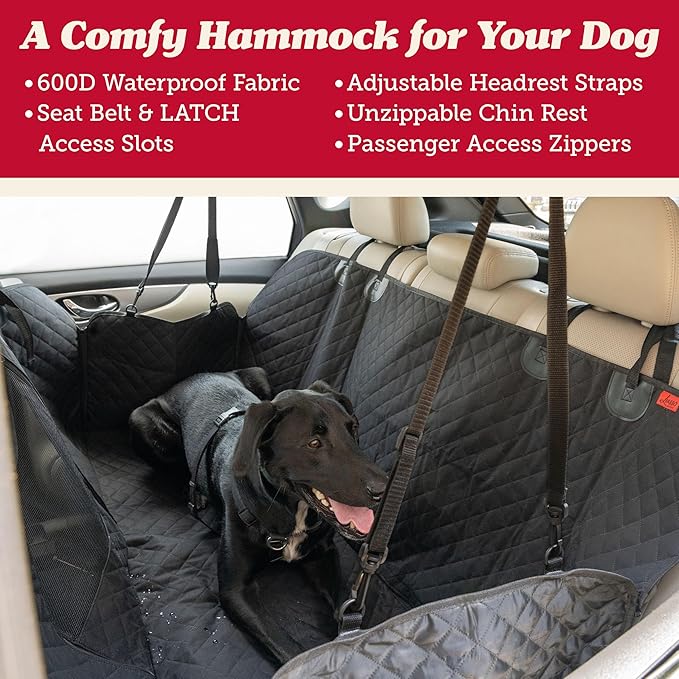 Lusso Gear Dog Car Seat Cover for Back Seat - 100% Waterproof Dog Hammock - Padded Headrest and Mesh Window - Passenger Compatible Rear Car Seat Cover - Fits Trucks, SUVs, Cars
