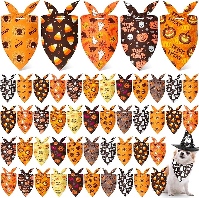 Weewooday 50 Pcs Halloween Dog Bandanas Bulk Pumpkin Ghost Bandanas for Dogs Soft Triangle Bibs Adjustable Triangle for Small Medium Large Pets Halloween Party Costume(25.6 x 17.7 x 17.7 inch)