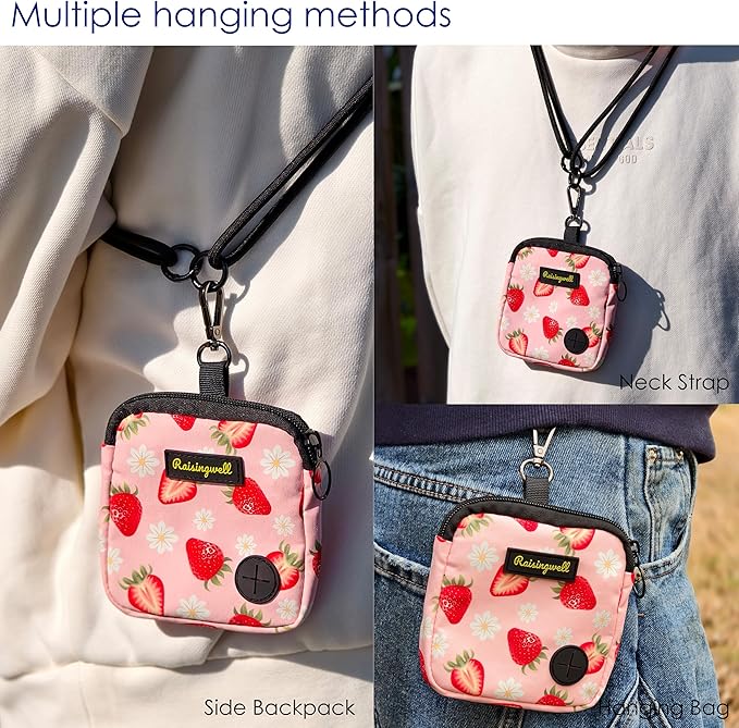 Dog Treat Pouch for Pet Walking and Training with Clicker Poop Bags Small Fanny Zipper Pack Holder for Puppy Snack Dispenser Kit for Leash and Outdoor Use (Strawberry)