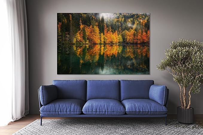 Nature Wall Art Prints - Ocean Forest Mountain Lake Canvas Landscapes - Small to Extra Large Living Room Bedroom Kitchen Bathroom Décor (Autumn by the Lake, 28L" x 41W")